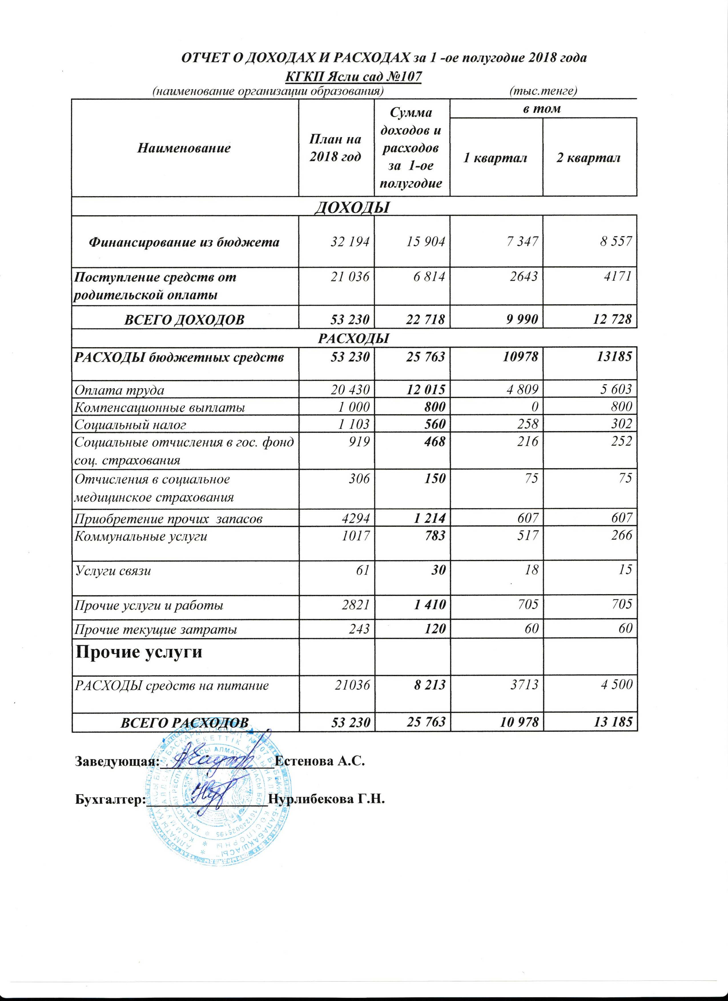 Отчет за 1-ое полгодие 2018 года
