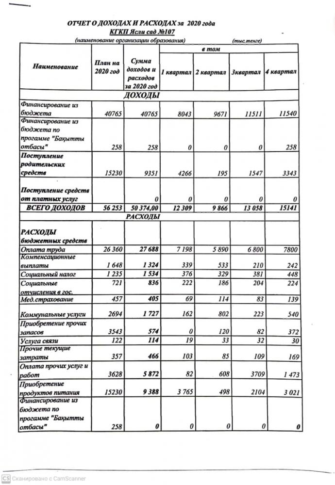 Отчет о доходах и расходах за  2020 год